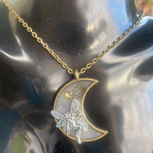 Handcrafted Fairy on Moon Necklace: Bronze Resin Pendant