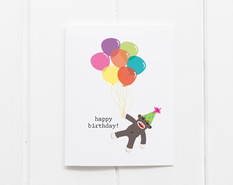 Sock Monkey Balloon Birthday Card