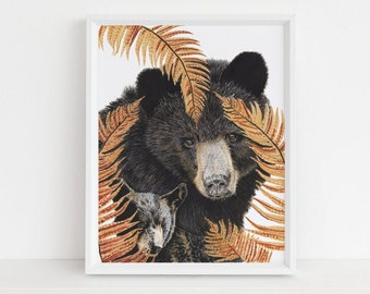 Limited Edition Fine Art Print - For Jojo - Momma Black Bear with Cub Original Watercolor Illustration