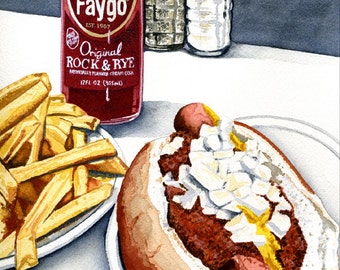 Faygo Rock and Rye Soda, Coney and Fries Watercolor Print