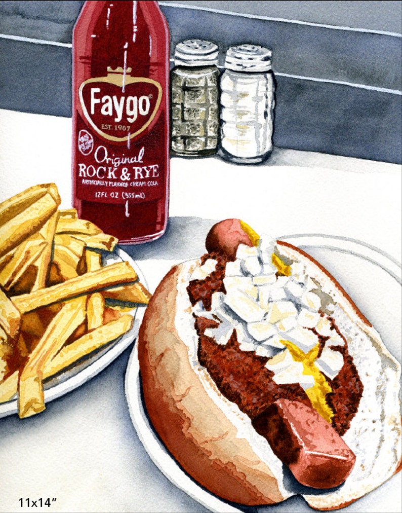 Faygo Rock and Rye Soda, Coney and Fries Watercolor Print image 1