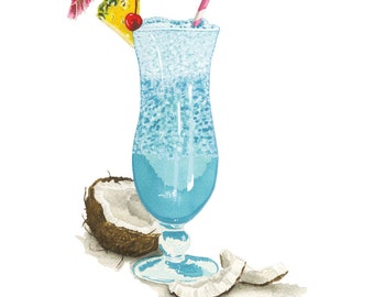 Blue Hawaiian MidCentury Cocktail Watercolor Print