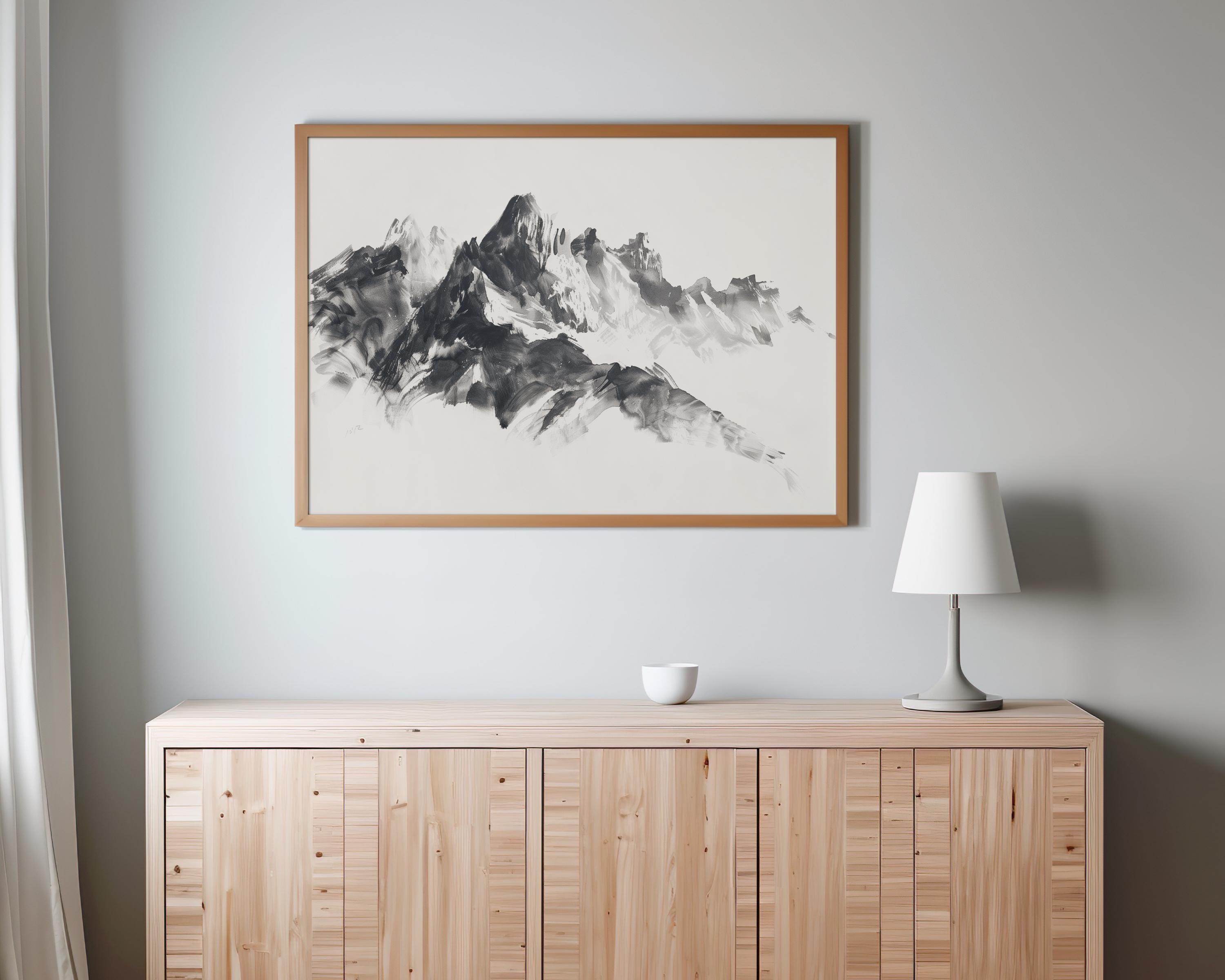Black and White Mountain Art Print, Monochrome Landscape , Digital ...