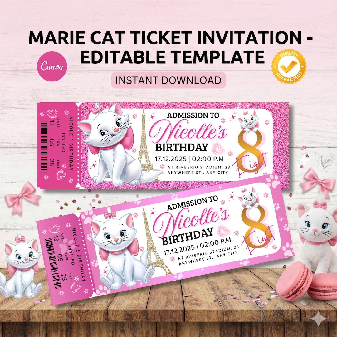 Cat Ticket Example Pink Marie Cat Ticket Invitations | Editable Canva Template | Cute ...