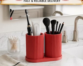 Modern Ribbed Bathroom Organizer | 3D Printed Toothbrush Holder, Vanity Storage