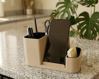 Desk organizer with multiple compartments, textured surface, home office decor, workspace storage