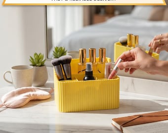 Makeup Brush Holder - Ribbed Cosmetic Organizer & Vanity Storage Caddy - Bathroom Counter Decor