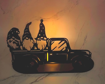 Gnome Truck Tealight Holder, Rustic Holiday Decor, Whimsical Centerpiece, Christmas Display, Festive Silhouette Art