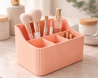 Makeup Brush Holder - Ribbed Cosmetic Organizer & Vanity Storage Caddy - Bathroom Counter Decor