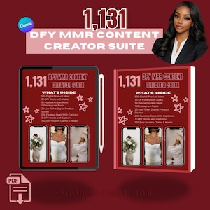 Könnte beinhalten: Werbung für eine digitale Content-Suite mit dem Text "1,131 DFY MMR CONTENT CREATOR SUITE." Das Bild zeigt ein Tablet und ein Buch, die beide den Inhalt des Produkts anzeigen, wie z. B. digitale Produktideen und Reels. Ein Porträt einer Frau ist zu sehen.