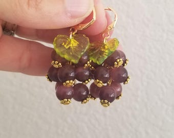 Purple Grape Earrings: Cat's Eye Stone Fruit Dangles