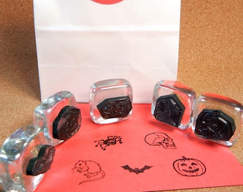Sale! Mini Halloween Rubber Stamp Set -Tiny Skull, Little Bat, Rat or Mouse, Spider, Small Pumpkin stamp Set of 5 Price of 4 - 5/8" 16 mm