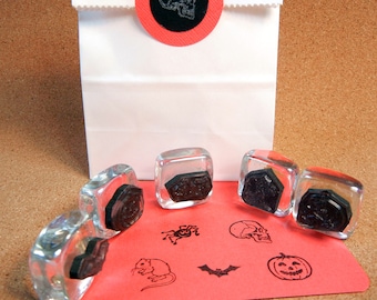 Sale! Mini Halloween Rubber Stamp Set of 5, Tiny Spider, Skull, Rat, Bat, Jack Lantern pumpkin- 16mm 5/8"