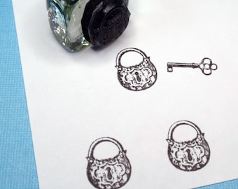 Tiny Padlock  and Key Rubber Stamp, Mini Skeleton Key stamp, small love lock stamp, 16mm 5/8"