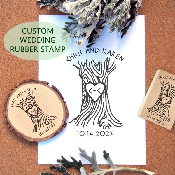 Custom Wedding Tree with Carved Heart and Initials Rubber Stamp, Custom Wood Cookie Rubber Stamp for Rustic Weddings by Blossom Stamps