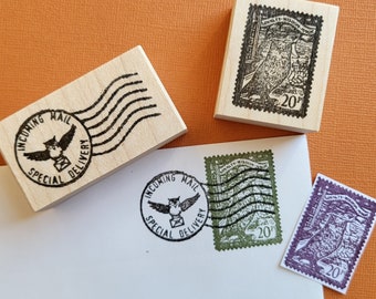 Flying Owl Vintage Postmark Cancellation Mark, Owl Faux Postage Stamp rubber stamp Set Option, Pen Pal Letter stationery decoration