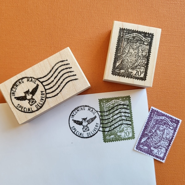 Flying Owl Vintage Postmark Cancellation Mark, Owl mail Faux Postage Stamp rubber stamp Set Option, Pen Pal Letter stationery decoration