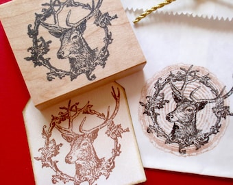 Buck Reindeer in Wreath  Rubber Stamp - Handmade by Blossom Stamps