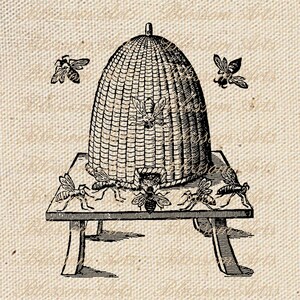 Vintage BEE HIVE, Honeybee Skep-mandje instant digitale download illustraties, afdrukbare kunst