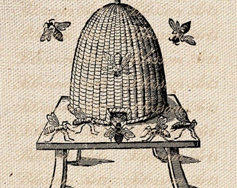 Vintage BEE HIVE, Honeybee Skep basket  Instant Digital Download Clip Art