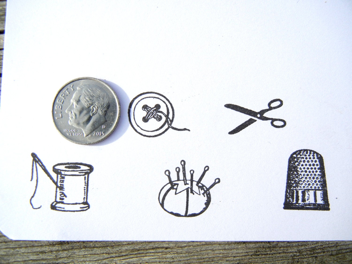 Tiny Sewing Rubber Stamp Set of 5 - Thread, Thimble, Button