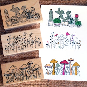 Juego de sellos de goma con borde: sellos de goma con flores silvestres, hongos y cactus, hechos a mano por Blossom Stamps