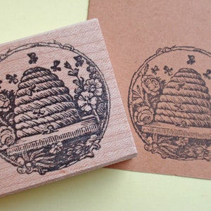 New Bee Hive Rubber Stamp, Antique Bee Skep Stamp, Round Honey Label Stamp, gift for beekeeper by Blossom Stamps image 1