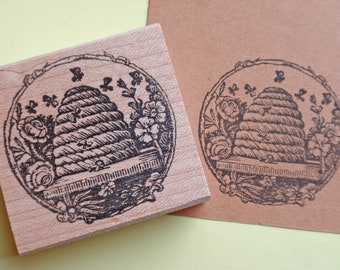 New! Bee Hive Rubber Stamp, Antique Bee Skep Stamp, Round Honey Label Stamp, gift for beekeeper by Blossom Stamps