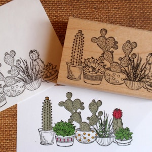 Nouveau ! Tampon en caoutchouc bordure cactus, tampon en caoutchouc plante d'intérieur cactus en pot - fait main par Blossom Stamps