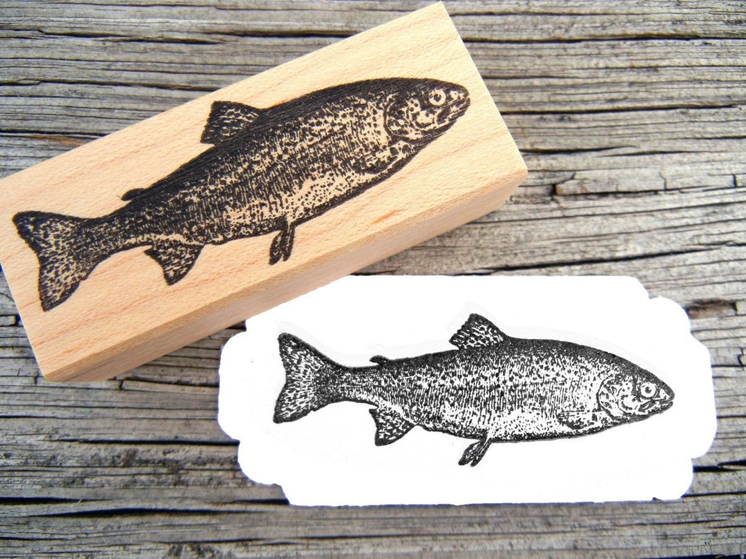 Fish Rubber Stamp, Rainbow Trout Stamp, Fish and Hook Stamp Set