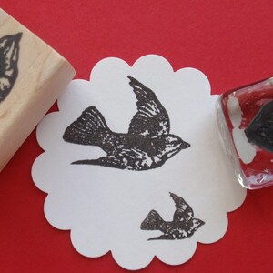 May include: Three rubber stamps featuring black silhouettes of birds on a white background. The stamps are mounted on wooden and glass blocks.
