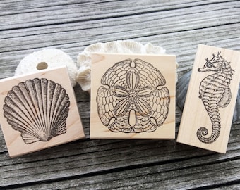 Seashell Rubber Stamp Set, Scallop Stamp, Sand Dollar stamp, Seahorse Stamp by BlossomStamps