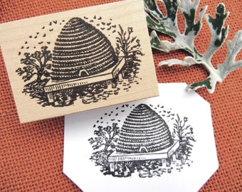 Vintage Bee Hive illustration rubber stamp, Antique bee skep stamp, honey label with bee hive stamp -  Handmade by Blossom Stamps