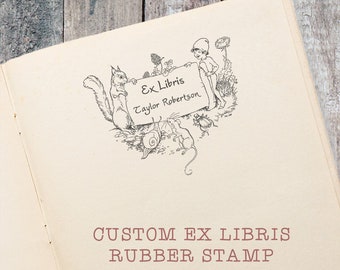 Childrens Ex Libris Stamp, Fairy Tale Book stamp with Elf and animals, gift for kids by Blossom Stamps