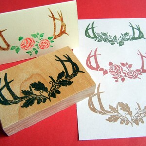 Custom Antler Silhouette Rubber Stamp with Roses, Oak Leaves or Christmas Holly, buck antlers by Blossom Stamps