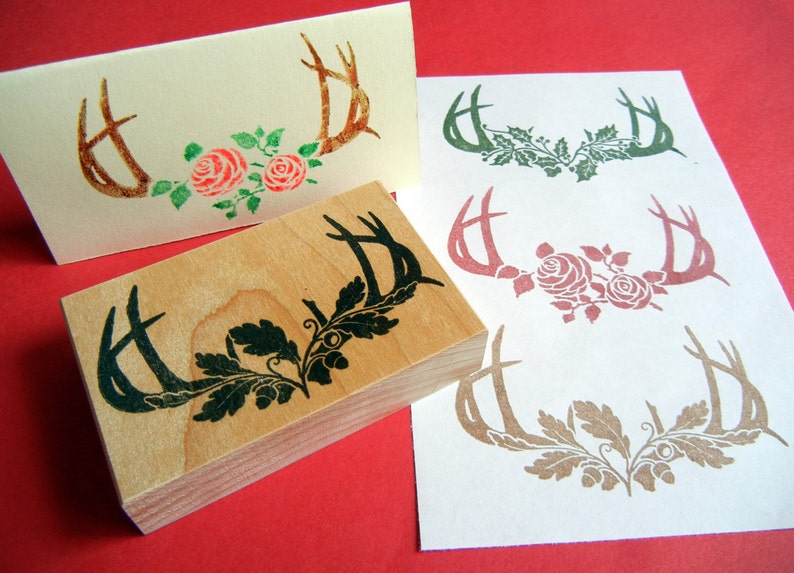 woodland wedding decoration stamp Antler Silhouette Stamp with Roses by Blossom Stamps Oak Leaves or Holly