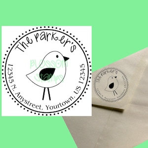 Sello de remitente redondo personalizado con pájaro, sello de goma con dirección de pájaro, hecho a mano por Blossom Stamps