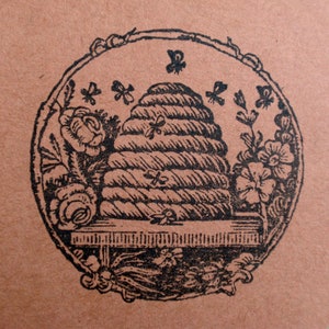 New Bee Hive Rubber Stamp, Antique Bee Skep Stamp, Round Honey Label Stamp, gift for beekeeper by Blossom Stamps image 2