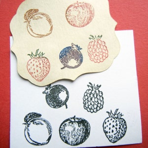 Tiny Fruit Rubber Stamp Set 16mm - Strawberry, Raspberry, Apple, Blueberry, Peach by Blossom Stamps