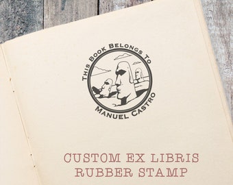 Easter Island Head Statue Ex Libris Stamp, Bookplate stamp for Men, gift for archeologists by Blossom Stamps