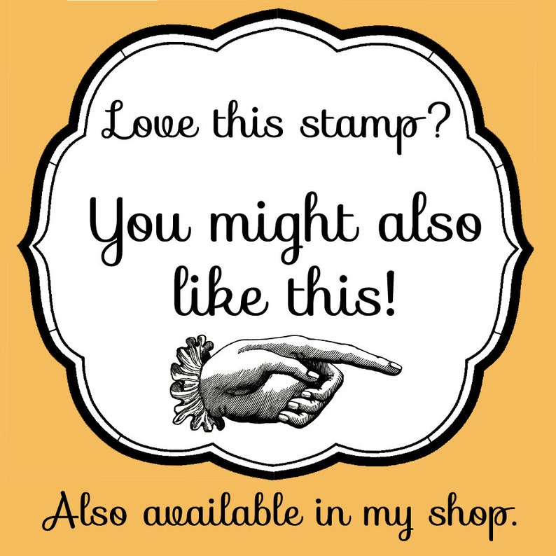 K&ouml;nnte beinhalten: Ein Bild mit einem wei&szlig;en, wellenf&ouml;rmigen Rahmen auf gelbem Hintergrund. Der Rahmen enth&auml;lt den Text "Love this stamp? You might also like this!" und eine Zeichnung einer zeigenden Hand. Der Text "Also available in my shop" steht darunter.