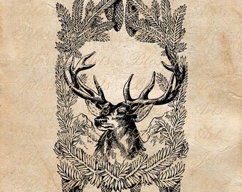 CHRISTMAS BUCK Deer in Evergreen Frame Instant Digital Download Clip Art