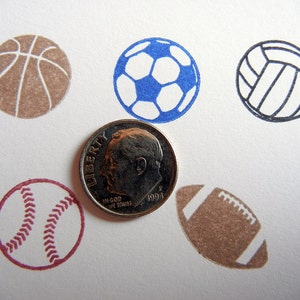 Tiny Sports Balls Rubber Stamp Set 16mm, Football, Baseball, Soccer, Volleyball, Basketball Set of 5 Handmade by Blossom Stamps image 2