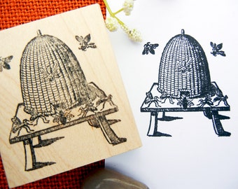 Bee Hive Rubber Stamp, antique bee skep stamp -  Handmade by BlossomStamps