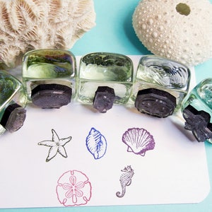 Mini Shell and Ocean Rubber Stamp Set of 5, Tiny Scallop, Shell, Seahorse, Sand Dollar, Starfish , 16mm 5/8&quot;