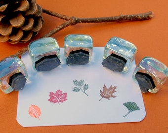 Mini Leaf Rubber Stamp Set "buy 4, 1 free", Tiny Maple leaf, Oak leaf, Gingko leaf, Pine branch, Elm leaf stamps, fallen leaves, 16mm 5/8"