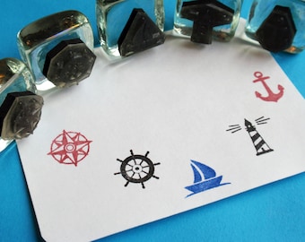 New! Rubber Stamp Set of 5 Tiny Anchor, Lighthouse, Compass Rose, Sailboat and Captain's Wheel Nautical Theme, Handmade Blossom Stamps