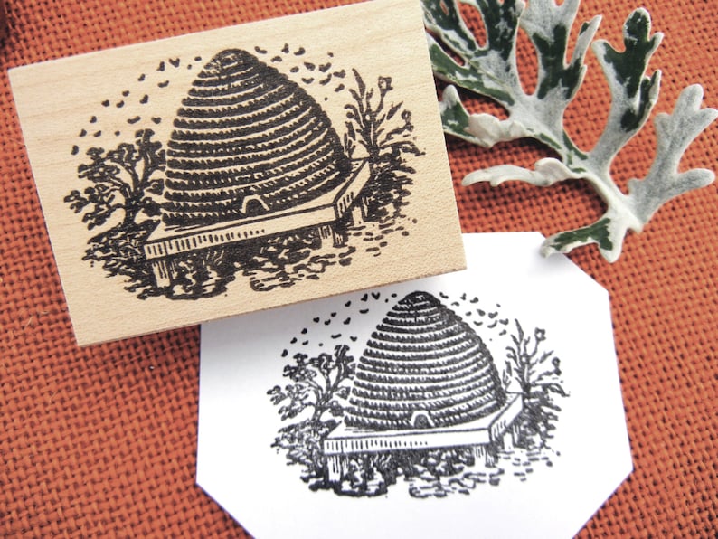 New Bee Hive Rubber Stamp, Antique Bee Skep Stamp, Round Honey Label Stamp, gift for beekeeper by Blossom Stamps image 6