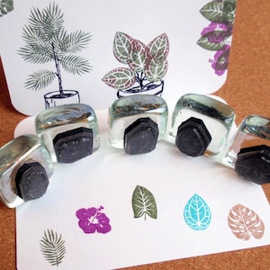 Tiny Tropical Leaf & Flower Rubber Stamp Set 16mm - Monstera, Palm, Hibiscus Plant- Set of 5 - Handmade by Blossom Stamps