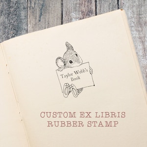 Cute Mouse Ex Libris Stamp, Childrens Book Stamp, gift for teacher by Blossom Stamps